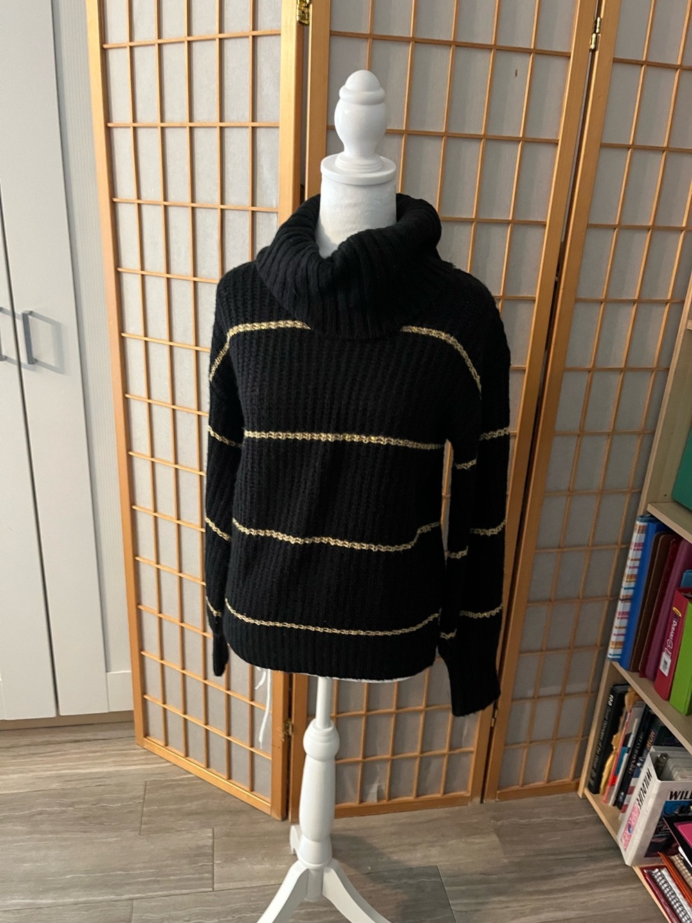 Nine West Cowlneck Sweater Black Gold Sequin Stripe Size S